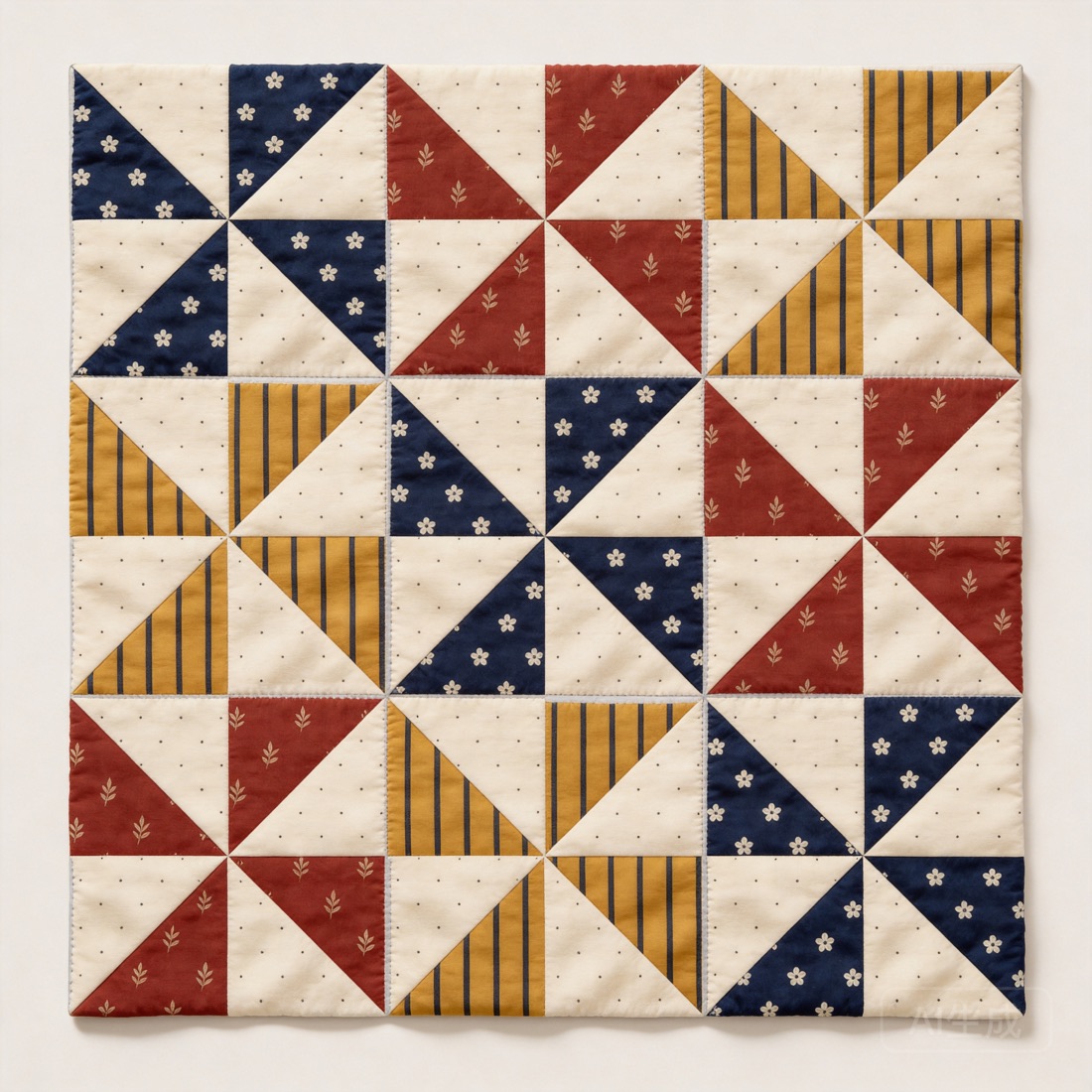 Pinwheel quilt in fern, coral, ivory, and ochre